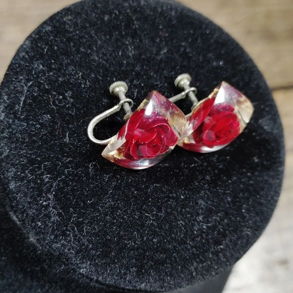 Vintage Rose Flower Screw Back Earrings Lucite Reverse Carved Jewelry Red